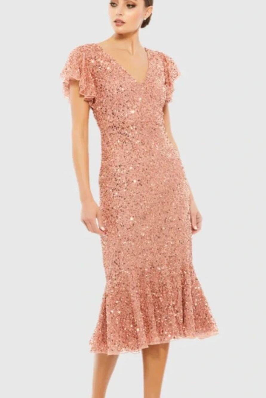 Mac Duggal Sequined V Neck Flutter Cap Sleeve Trumpet Dress, Copper, Size 2 NEW